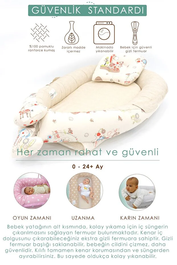  Babynest Ortopedik Bebek Yatağı, Anne Yanı Bebek Yatağı, Ergonomik Tasarım, Animal Serisi